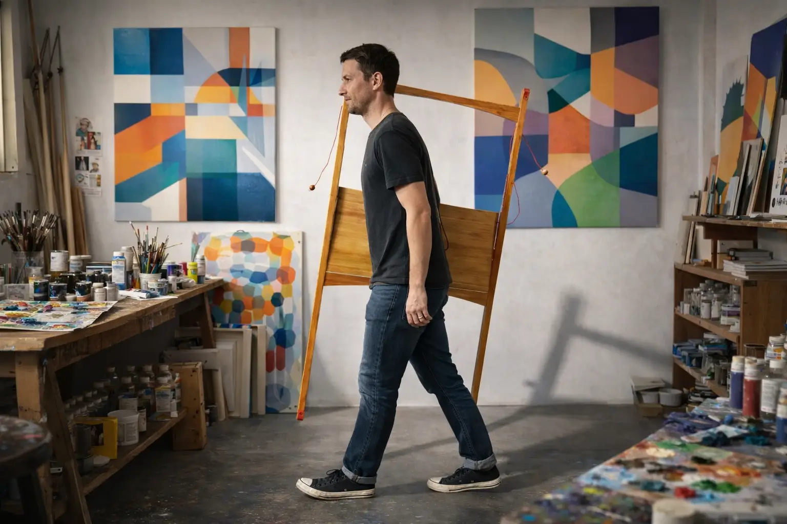 Artist carrying folding bamboo drawing desk through a creative studio space