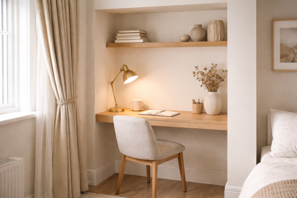 Alcove desk nook beside a chimney breast in a small UK home — built-in workspace idea for compact rooms