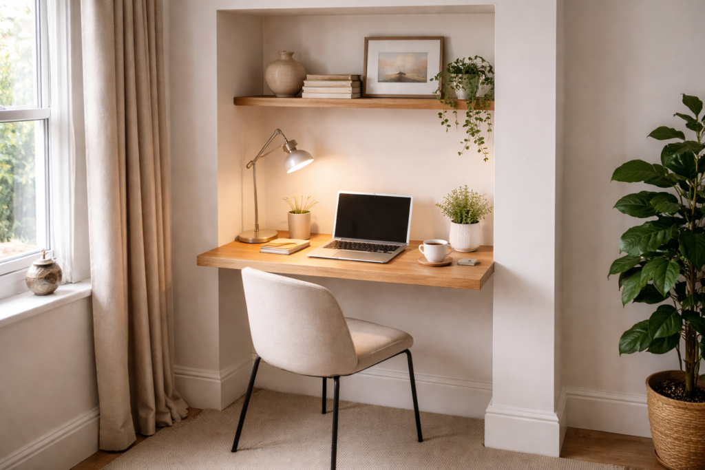 Alcove desk idea for a small UK home — floating shelf workspace in a chimney breast recess with curtain to hide the home office
