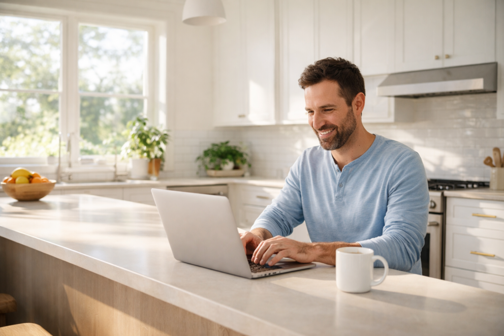 Working from home at a kitchen breakfast bar with laptop and coffee — temporary desk idea that needs no furniture