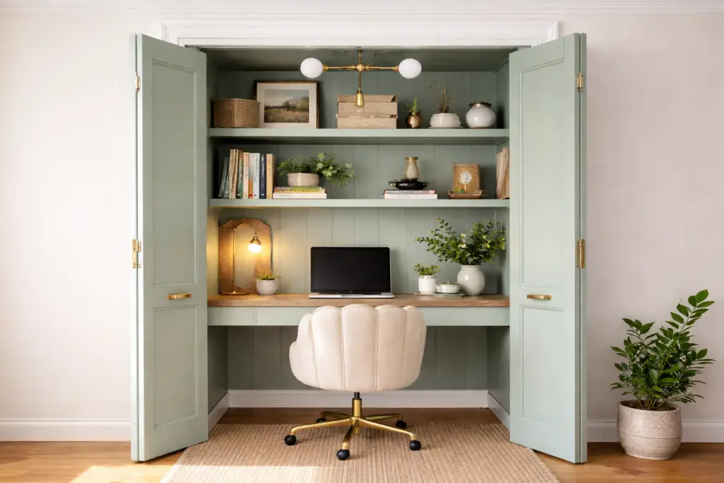 Modern UK living room with hidden home office — no desk visible, clean and clutter-free open-plan space