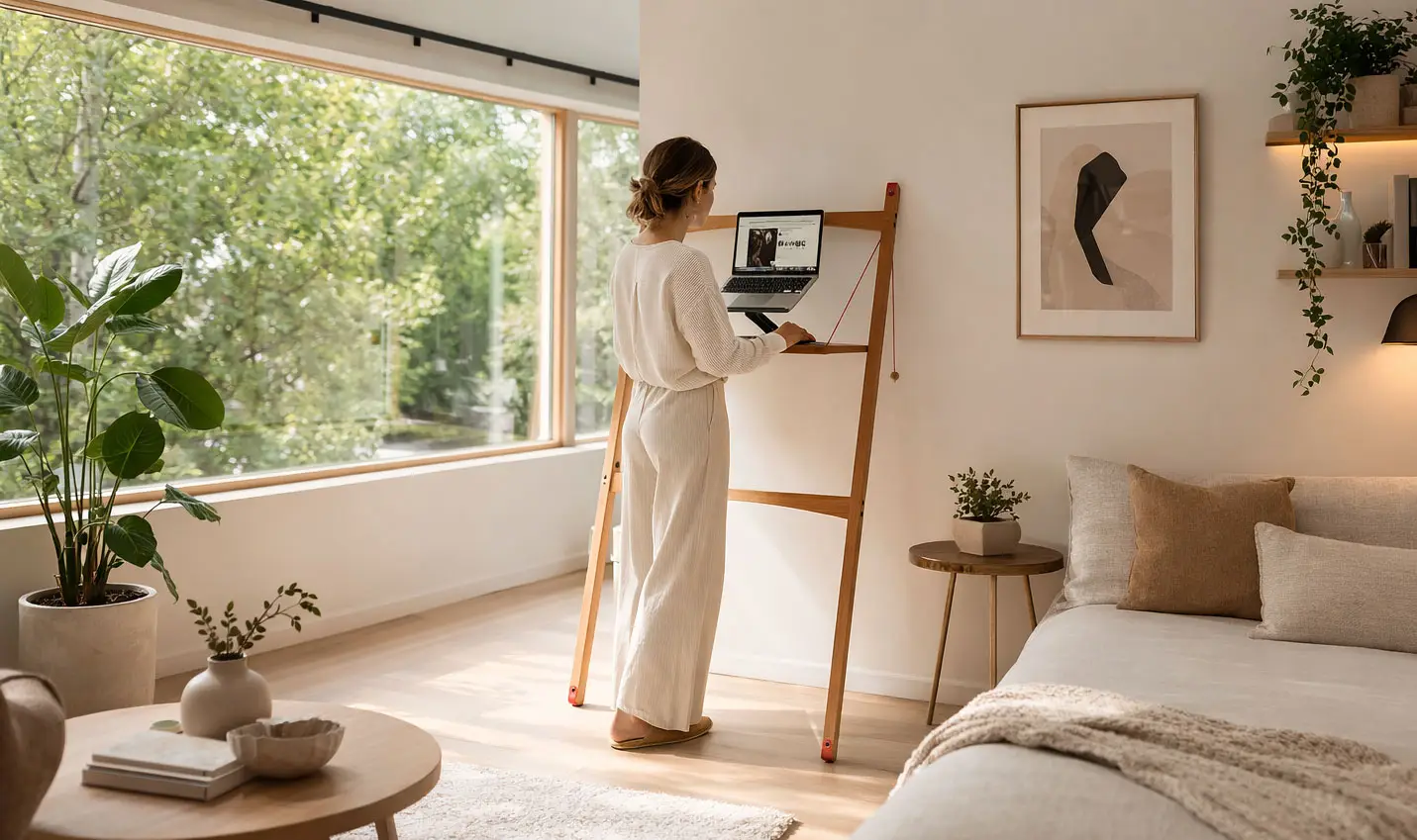 Stylish desk idea for a small space — compact home office setup in a modern UK bedroom with natural light