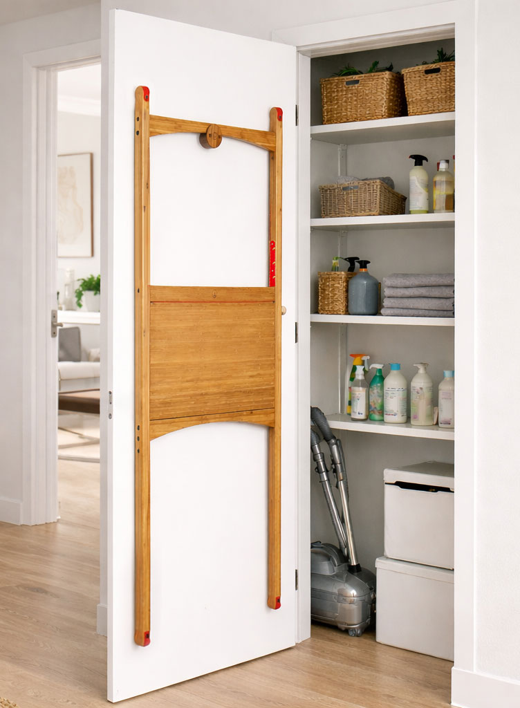Foldable desk for small spaces stored behind a door, ideal for working from home without a home office