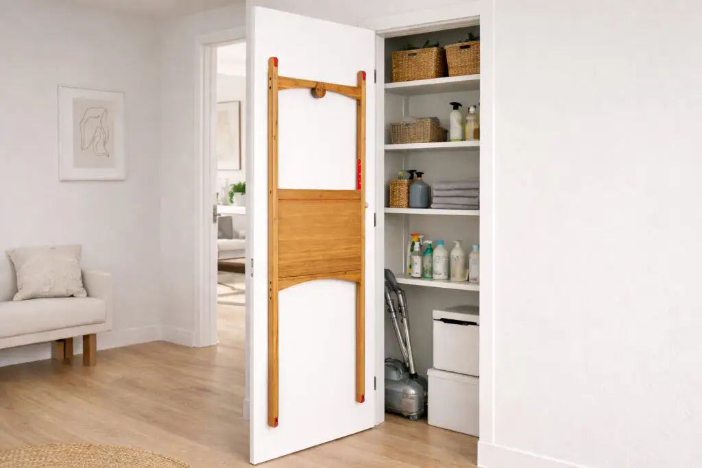 A desk that stores flat behind door in small UK flat