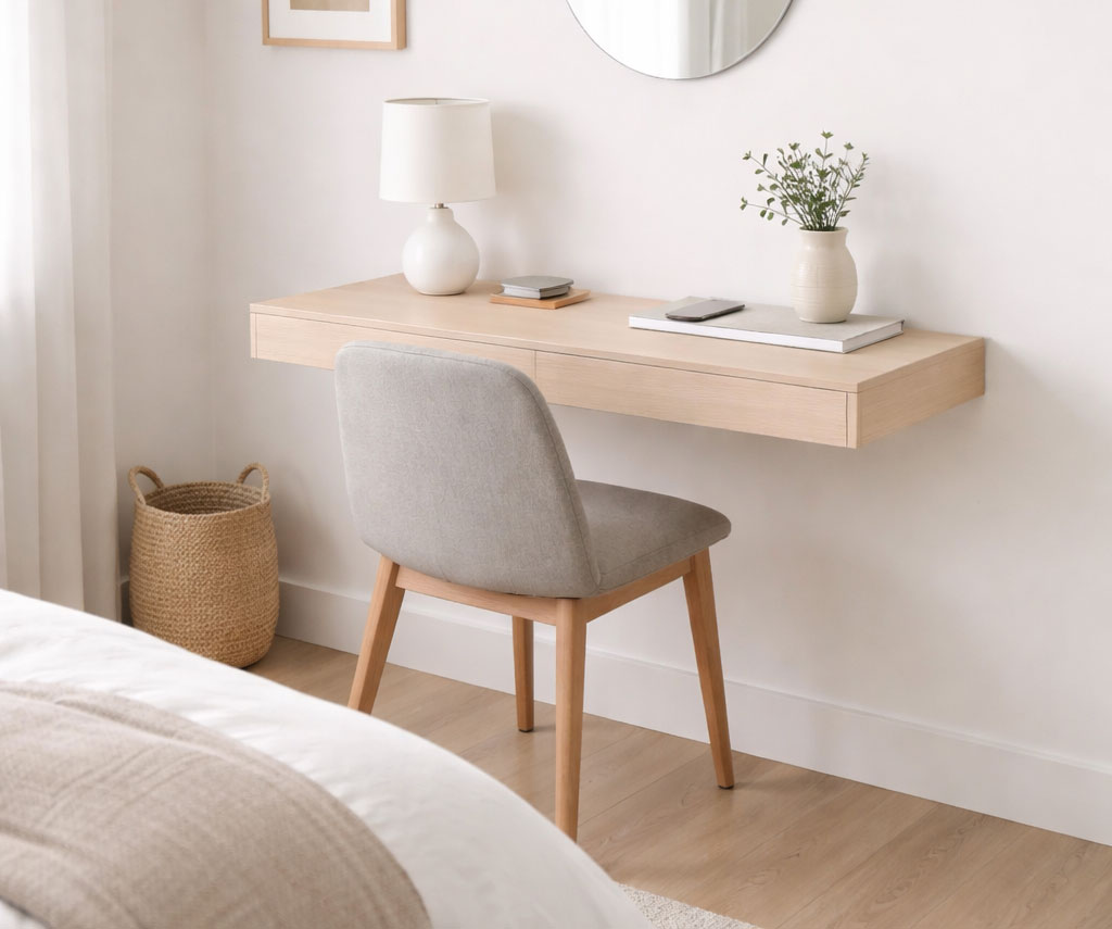 Floating wall-mounted desk in a small bedroom — space-saving desk idea with zero floor footprint