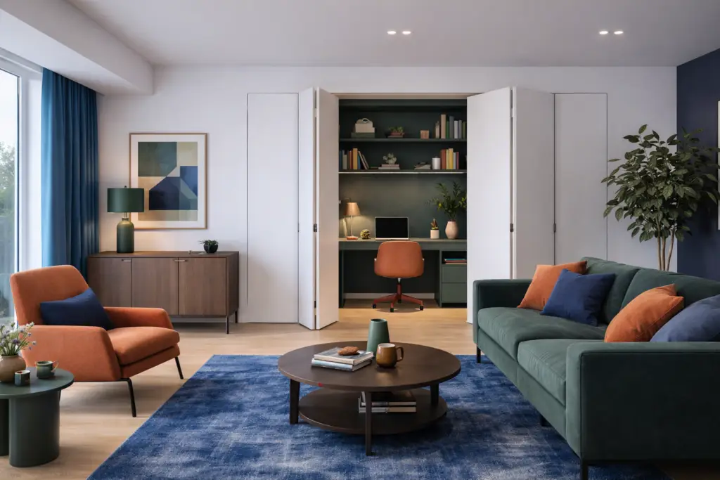 Modern UK living room with hidden home office — no desk visible, clean and clutter-free open-plan space