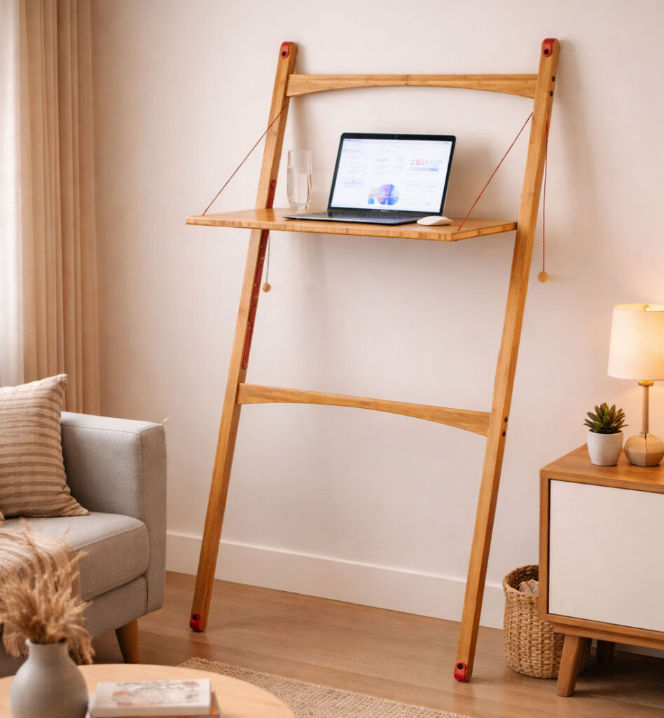 Leandesk bamboo folding standing desk in a small UK living room — fold-away desk for compact home offices