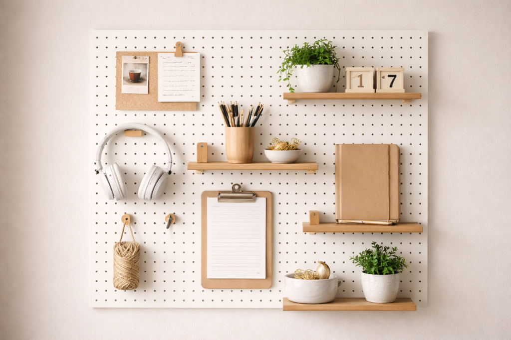 Wall-mounted pegboard with organised home office supplies — vertical storage idea for a clutter-free small space desk setup