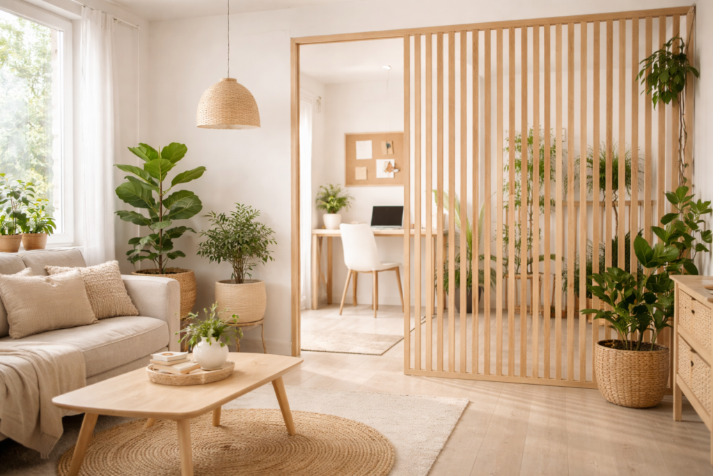 Studio flat with slatted room divider creating a hidden home office zone — broken-plan layout for work-from-home small spaces