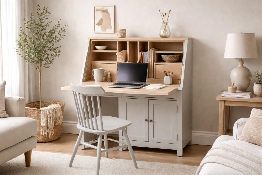 Modern secretary bureau desk open as a hideaway home office — desk idea for small living rooms that need to look stylish