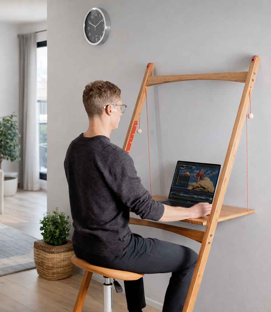 Man using a space-saving desk for working from home in a small apartment home office