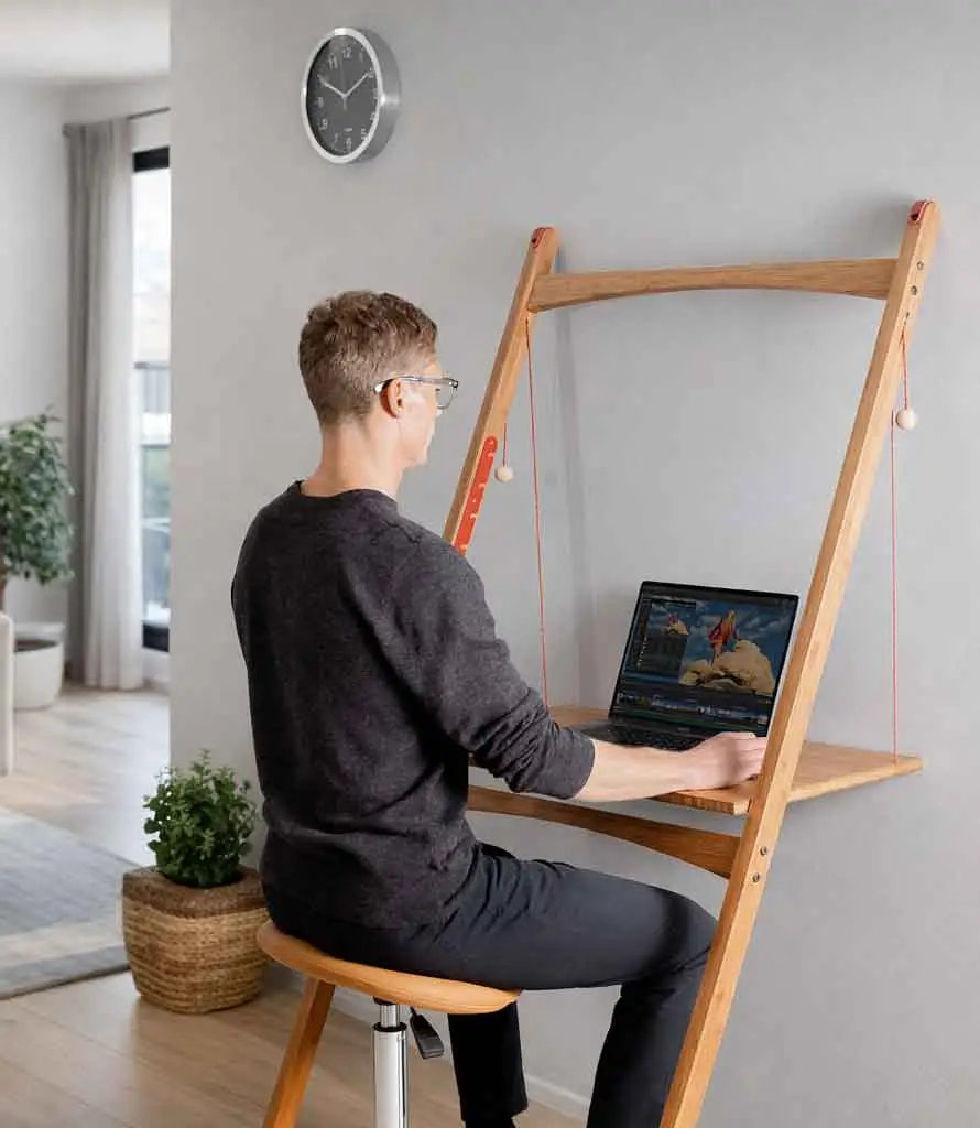 Man using a space-saving desk for working from home in a small apartment home office